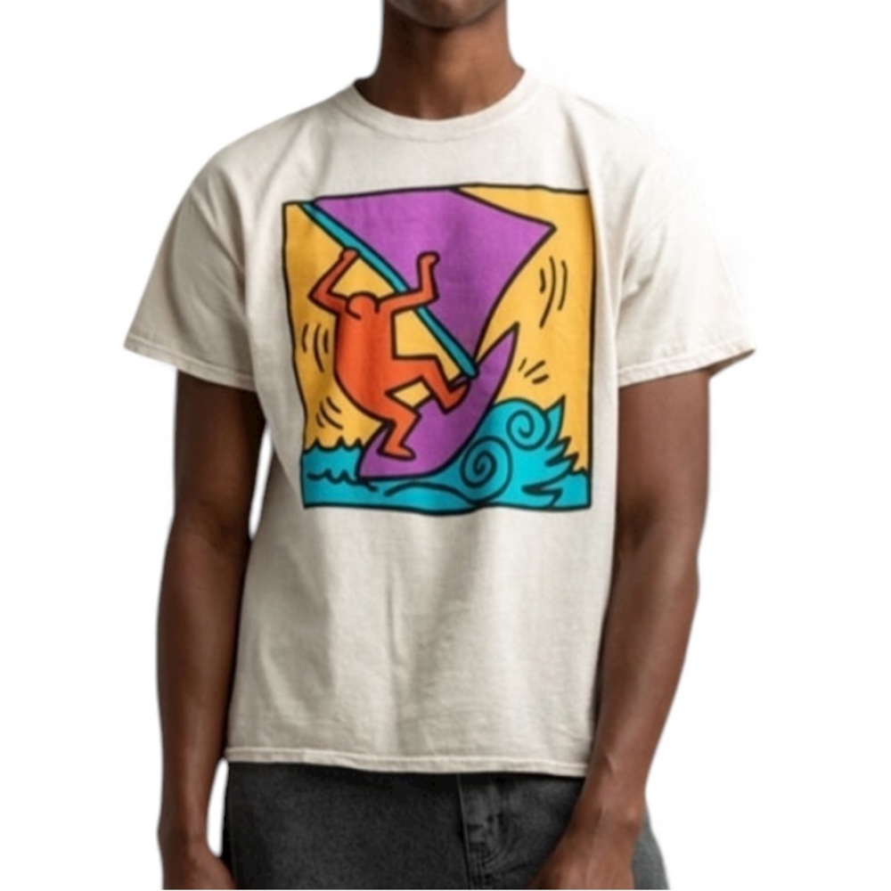 Keith Haring X RSQ Tee Shirt T- shirt size Medium Mineral Wash Tan Retro M